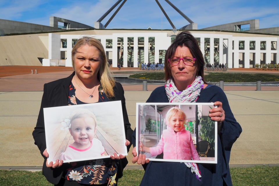 Mums Allison Rees and Andrea Shoesmith (right) who lost their daughters Bella and Summer, respectively, after they swallowed button batteries. 