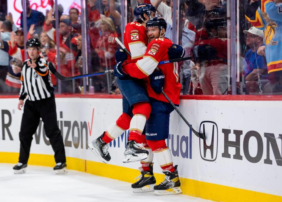 Florida Panthers centers Aleksander Barkov (16) and Carter Verhaeghe (23) celebrate after scoring against the Boston Bruins in the second period of Game 6 of a first round NHL Stanley Cup series at the FLA Live Arena on Friday, April 28, 2023 in Sunrise, Fla.