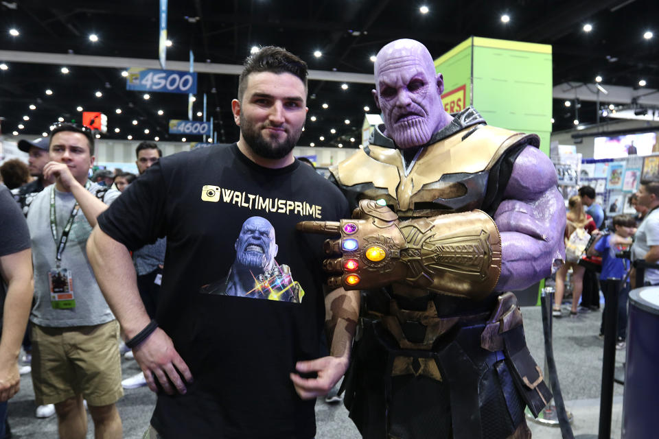 <p>Cosplayer dressed as Thanos from Avengers at Comic-Con International on July 21, 2018, in San Diego. (Photo: Angela Kim/Yahoo Entertainment) </p>