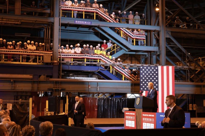 President Joe Biden discusses his economic plan at the Philadelphia Shipyard in Philadelphia on Thursday. Photo by Laurence Kesterson/UPI