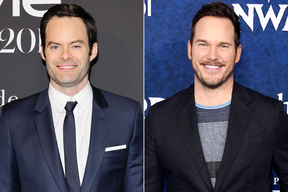 Bill Hader attends the Fifth Annual InStyle Awards with FIJI Water on October 21, 2019 in Los Angeles, California; Chris Pratt attends the Premiere of Disney and Pixar's "Onward" on February 18, 2020 in Hollywood, California. (Photo by Frazer Harrison/Getty Images)