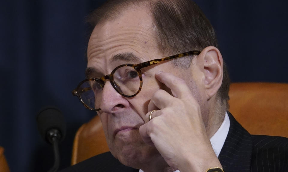 House Judiciary Committee Chairman Jerrold Nadler, D-N.Y., listens to testimony from legal scholars during a hearing on the constitutional grounds for the impeachment of President Donald Trump, on Capitol Hill in Washington, Wednesday, Dec. 4, 2019. (AP Photo/J. Scott Applewhite)