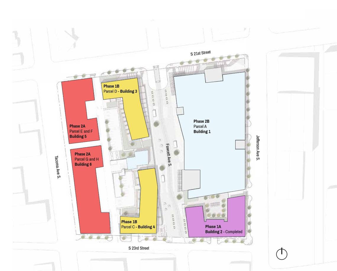 A map from a 2021 City Council presentation showing the various buildings planned for Tacoma Town Center.