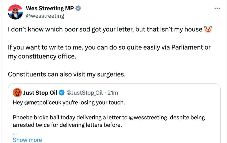 Wes Streeting replied to the Just Stop Oil post to point out the error, adding a clown emoji