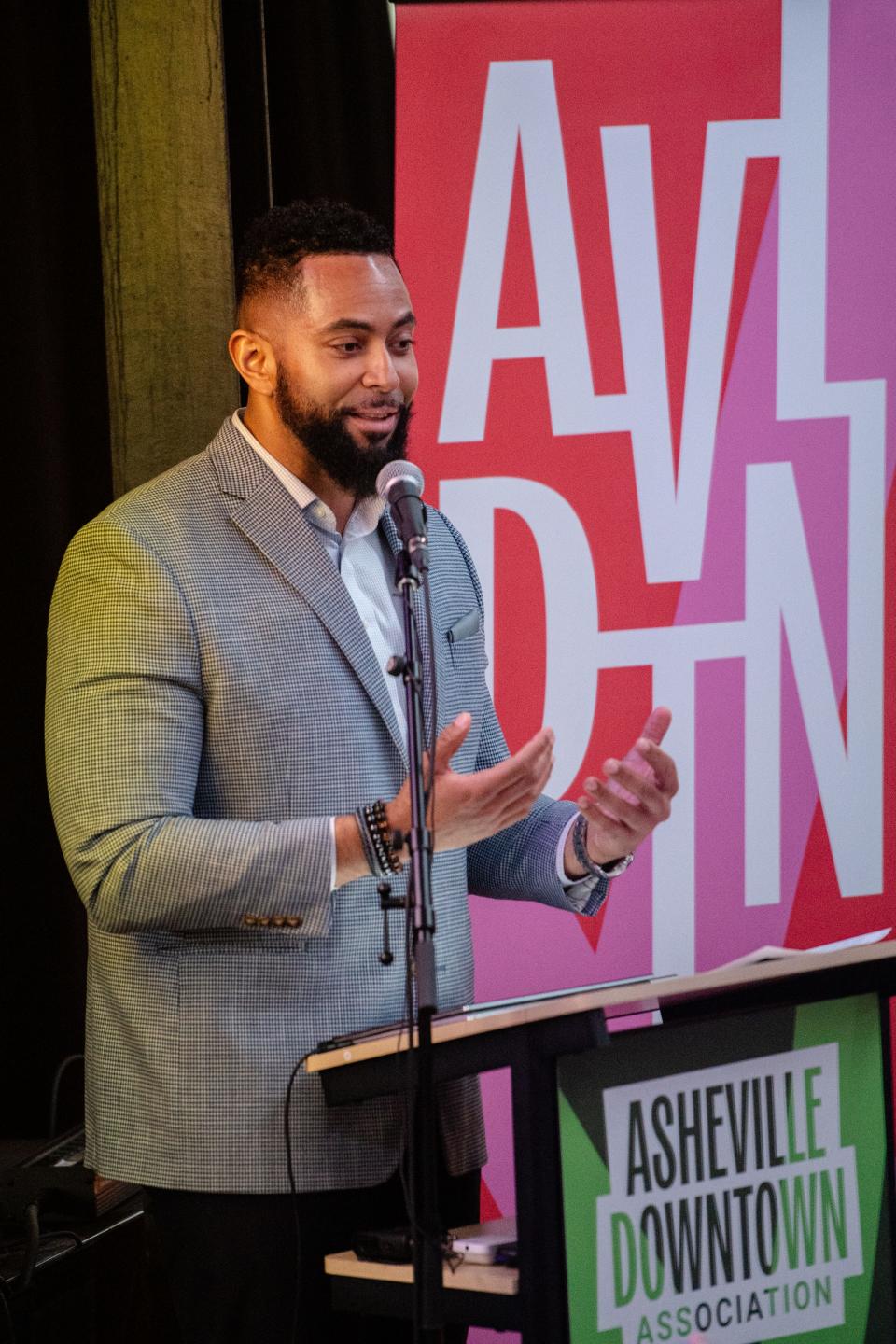 Gerren Price, CEO and president of the DowntownDC Business Improvement District, addresses the crowd at Eulogy during the State of Downtown event, March 19, 2024.