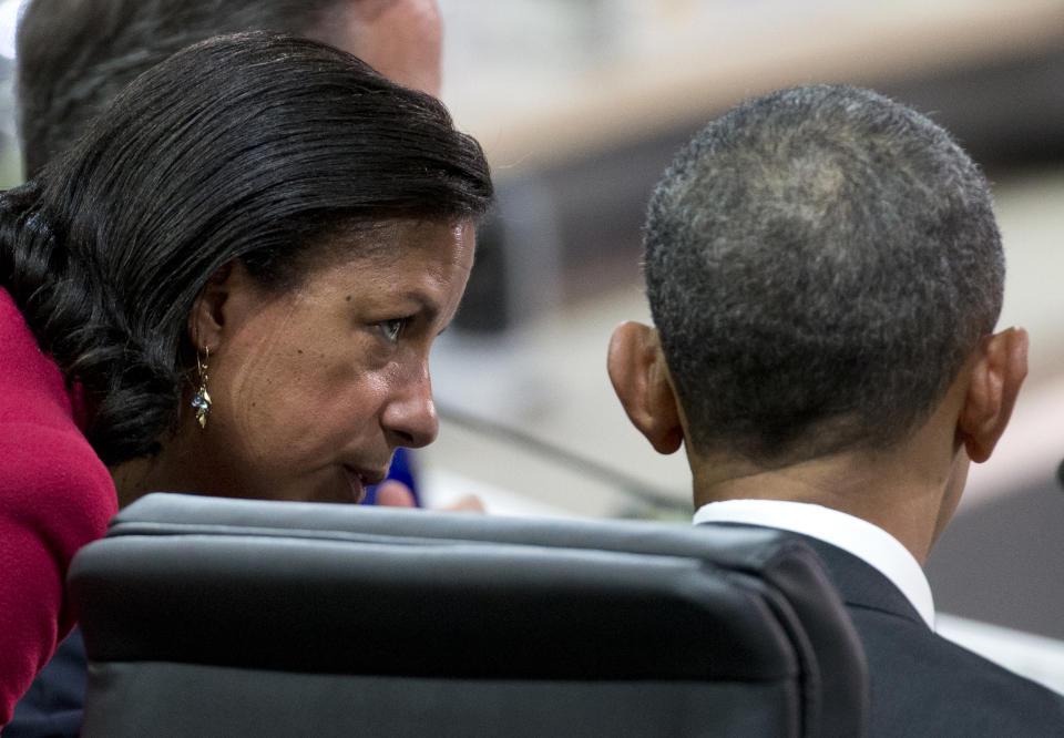 National Security Adviser Susan Rice talks with President Barack Obama before the afternoon plenary session of the Nuclear Security Summit, Friday, April 1, 2016, in Washington. (AP Photo/Alex Brandon)