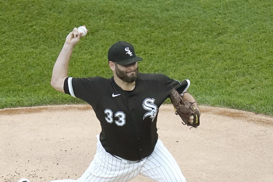 Chicago White Sox starting pitcher Lance Lynn delivers during the first inning of an interleague baseball game against the St. Louis Cardinals Monday, May 24, 2021, in Chicago. (AP Photo/Charles Rex Arbogast)