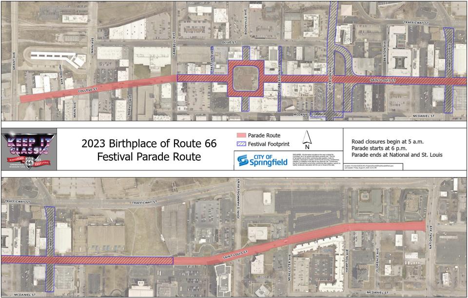 This image provided by the City of Springfield shows the Birthplace of Route 66 Festival Parade Route.