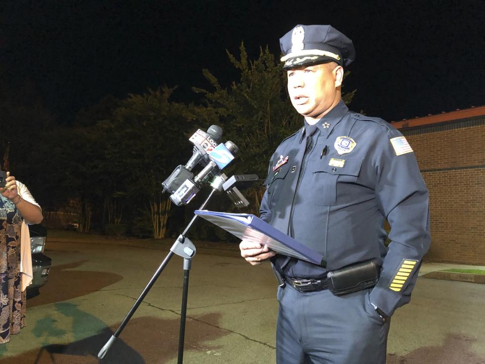 Memphis Police Director Michael Rallings speaks to reporters after a late Wednesday clash with police and an angry crowd early Thursday, June 13, 2019, in Memphis, Tennessee. Armed officers and an angry crowd faced off late Wednesday night after reports that at least one man was fatally shot by authorities in a working-class north Memphis neighborhood. (AP Photo/Adrian Sainz)
