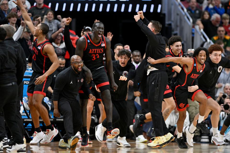 San Diego State players celebrate after defeating Alabama in the Sweet 16.