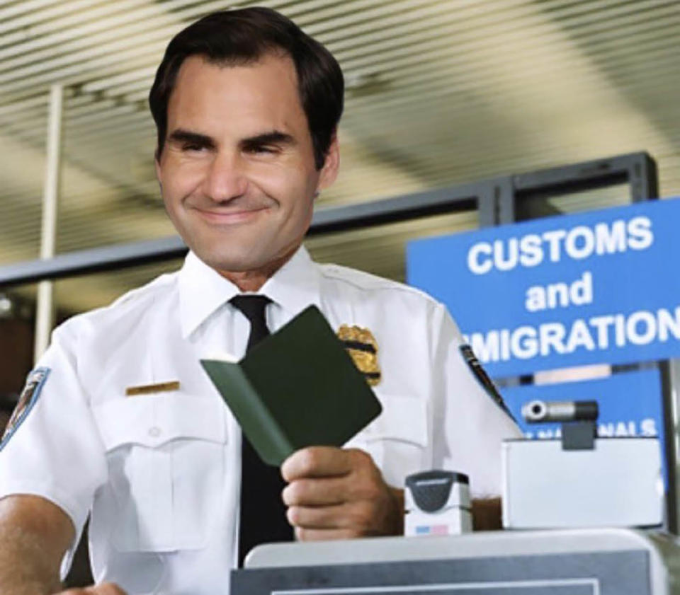 Roger Federer's head seen photo-shopped onto a customs and immigration officer's body.