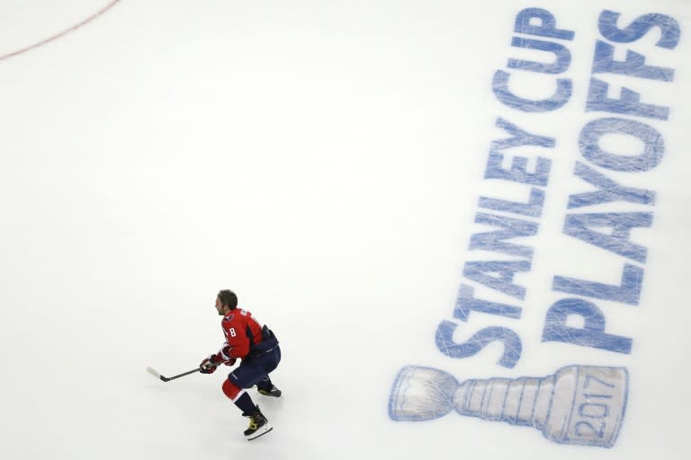 Alex Ovechkin #8 of the Washington Capitals warms up before playing the Toronto Maple Leafs in Game One of the Eastern Conference First Round during the 2017 NHL Stanley Cup Playoffs at Verizon Center on April 13, 2017 in Washington, DC