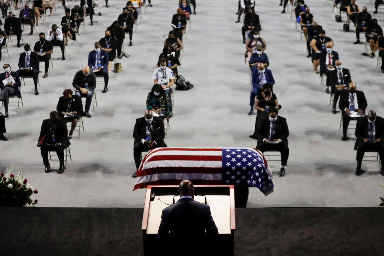 The casket of John Lewis lies in repose at his funeral service in Atlanta: AP