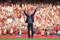 <p>Arsenal’s French manager Arsene Wenger waves to spectators after the match between Arsenal and Burnley at the Emirates Stadium in London, Sunday, May 6, 2018. The match is Arsenal manager Arsene Wenger’s last home game in charge after announcing in April he will stand down as Arsenal coach at the end of the season after nearly 22 years at the helm. (AP Photo/Matt Dunham) </p>