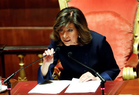 The new elected Senate president Forza Italia party's Maria Elisabetta Alberti Casellati speaks during the second session day since the March 4 national election in Rome, Italy March 24, 2018. REUTERS/Remo Casilli