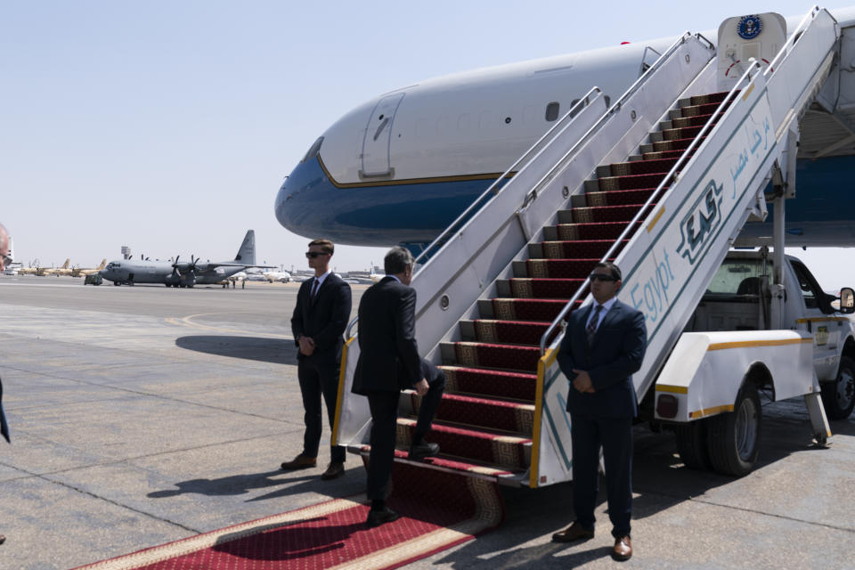 Secretary of State Antony Blinken boards his plane upon departure from Cairo International Airport, Wednesday, May 26, 2021, in Cairo, Egypt. (AP Photo/Alex Brandon, Pool)