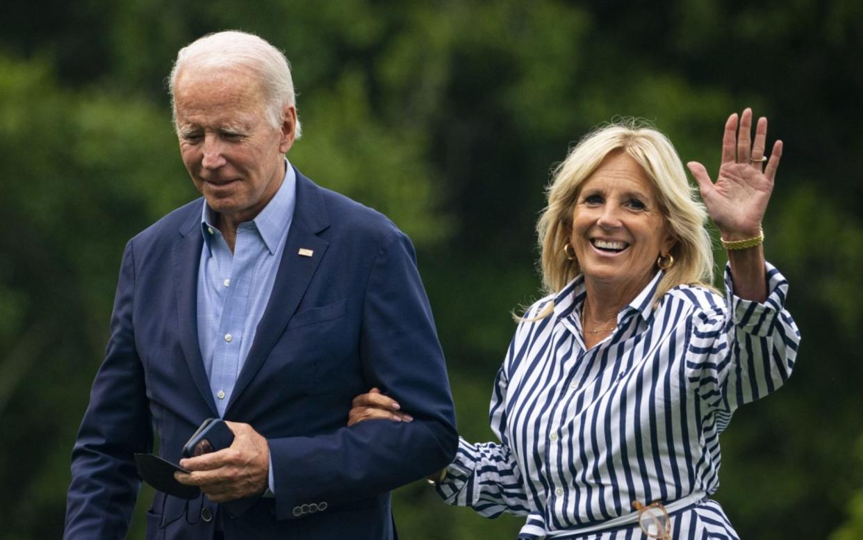 US President Joe Biden and First Lady Jill Biden walking on the South Lawn at the White House in 2022