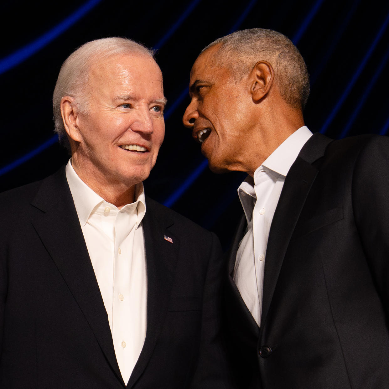 From left, Jimmy Kimmel, President Joe Biden and former President Barack Obama at a campaign fund-raiser in Los Angeles, on Saturday, June 15, 2024. (Erin Schaff/The New York Times)