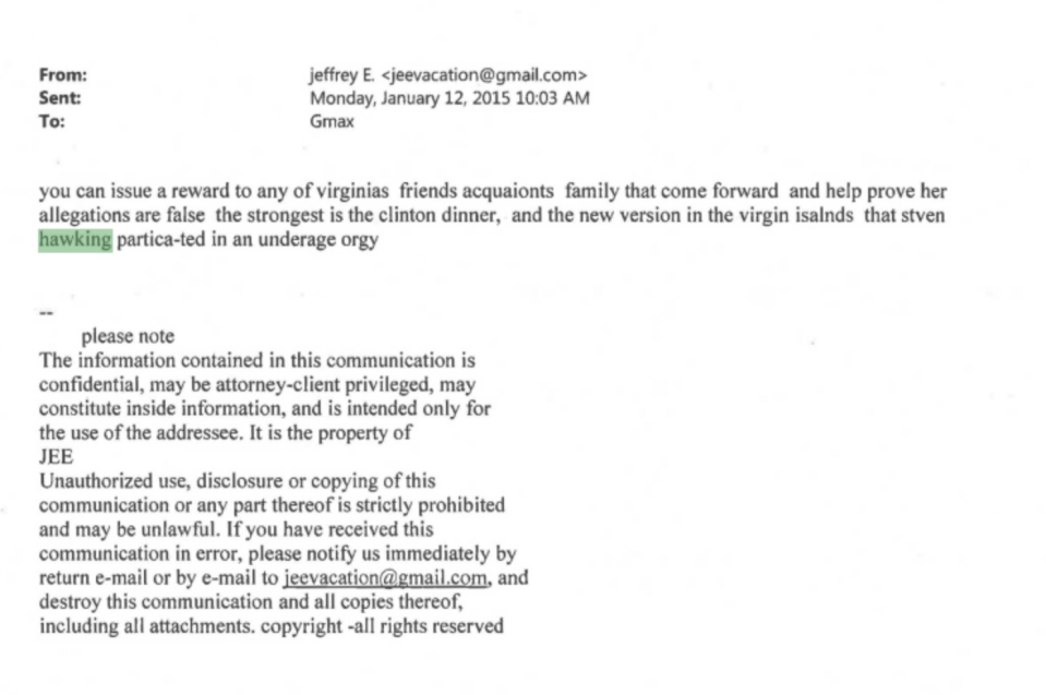 Email de Epstein a Maxwell en el sumario del caso en el que se menciona a Hawking