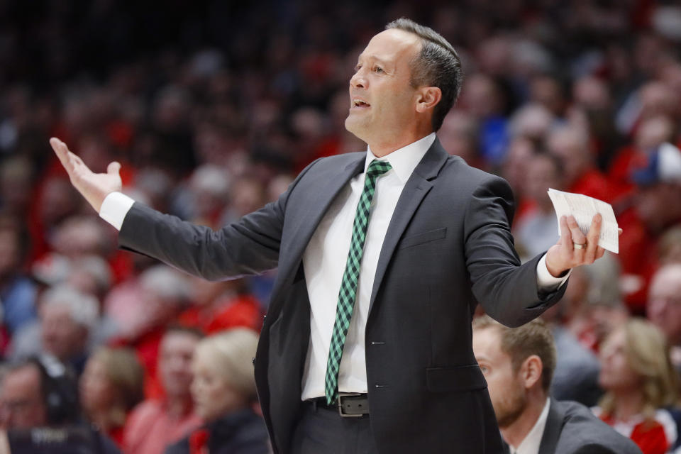 North Texas head coach Grant McCasland reacts after being assessed a technical foul during the first half of an NCAA college basketball game against Dayton, Tuesday, Dec. 17, 2019, in Dayton, Ohio. (AP Photo/John Minchillo)