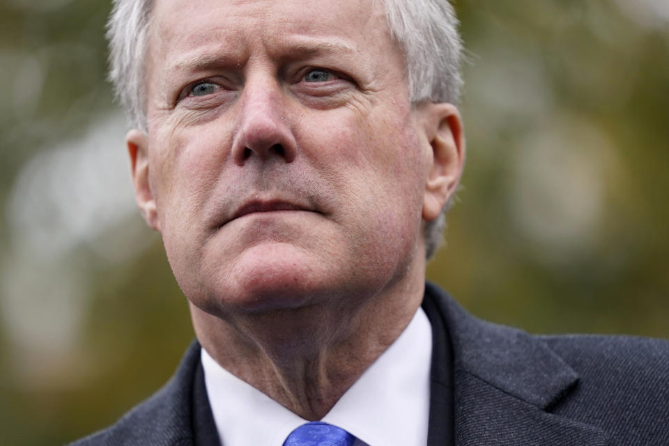 FILE - White House chief of staff Mark Meadows speaks with reporters outside the White House, Oct. 26, 2020, in Washington. Texting with then-White House chief of staff Meadows, a close ally and friend, at nearly midnight on Jan. 5, 2021, Rep. Jim Jordan offered a legal rationale for what President Donald Trump was publicly demanding — that Vice President Mike Pence, in his ceremonial role presiding over the electoral count, somehow assert the authority to reject electors from Biden-won states. (AP Photo/Patrick Semansky, File)