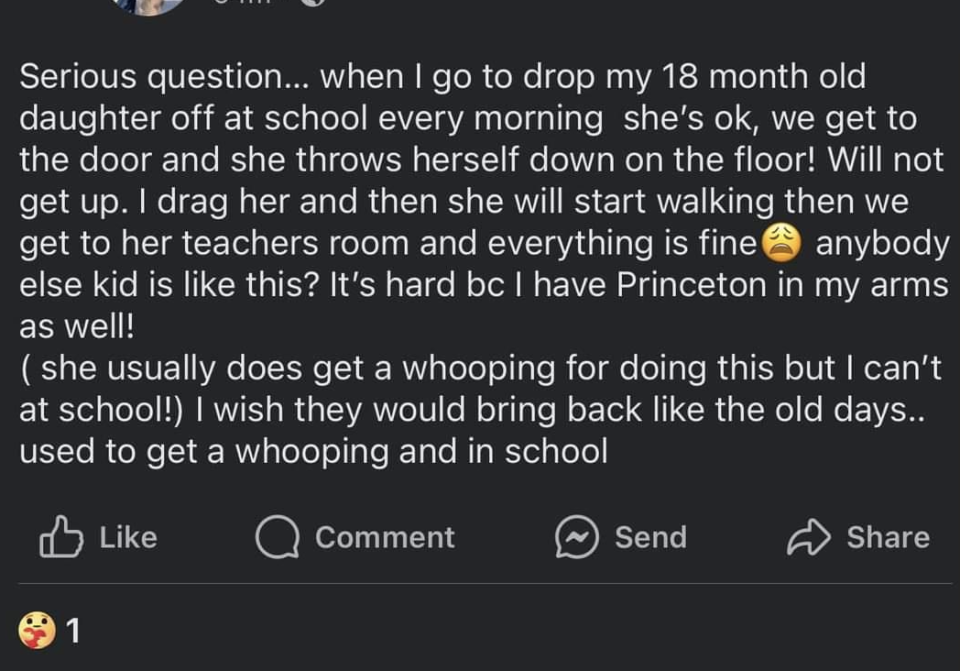 A social media screenshot discussing a parent's concern about their child's behavior when dropped off at school