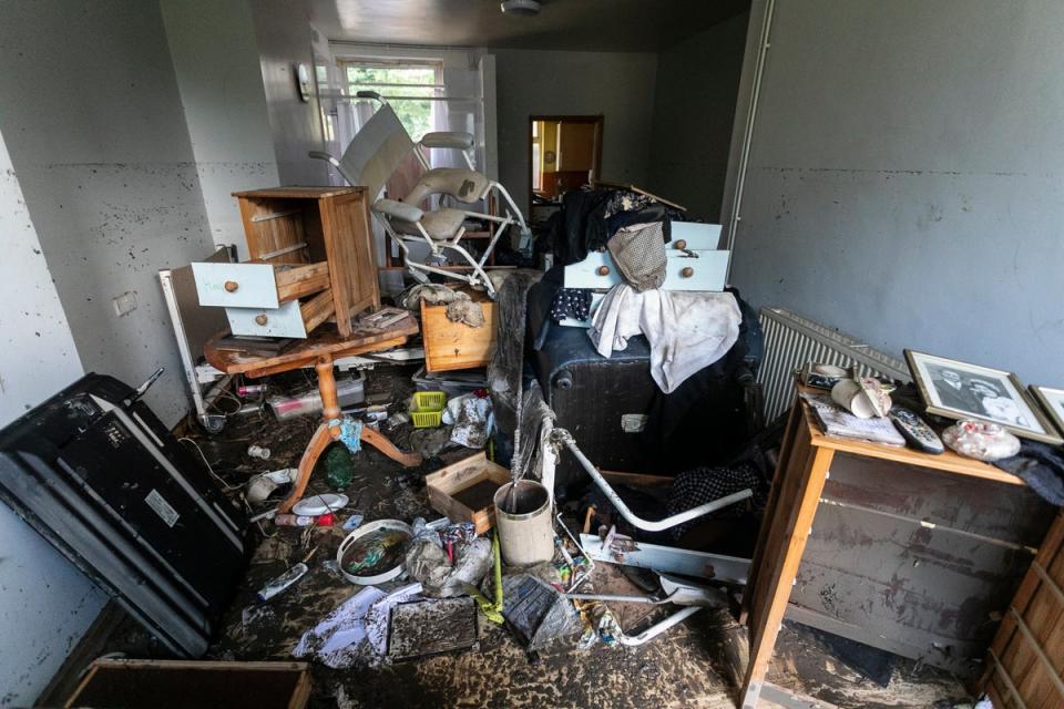 Flood high tide marks are seen over 5 foot high in the front room of Maureen Gilbert in Chesterfield (Lee McLean / SWNS)