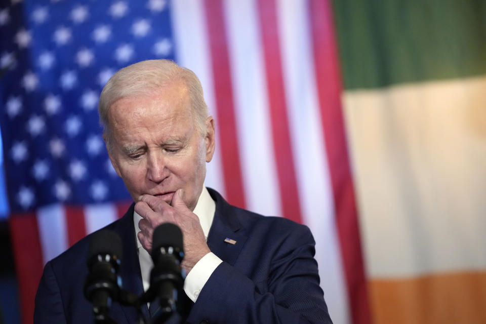 President Joe Biden pauses as he speaks at the Windsor Bar and Restaurant in Dundalk, Ireland, Wednesday, April 12, 2023. (AP Photo/Patrick Semansky)
