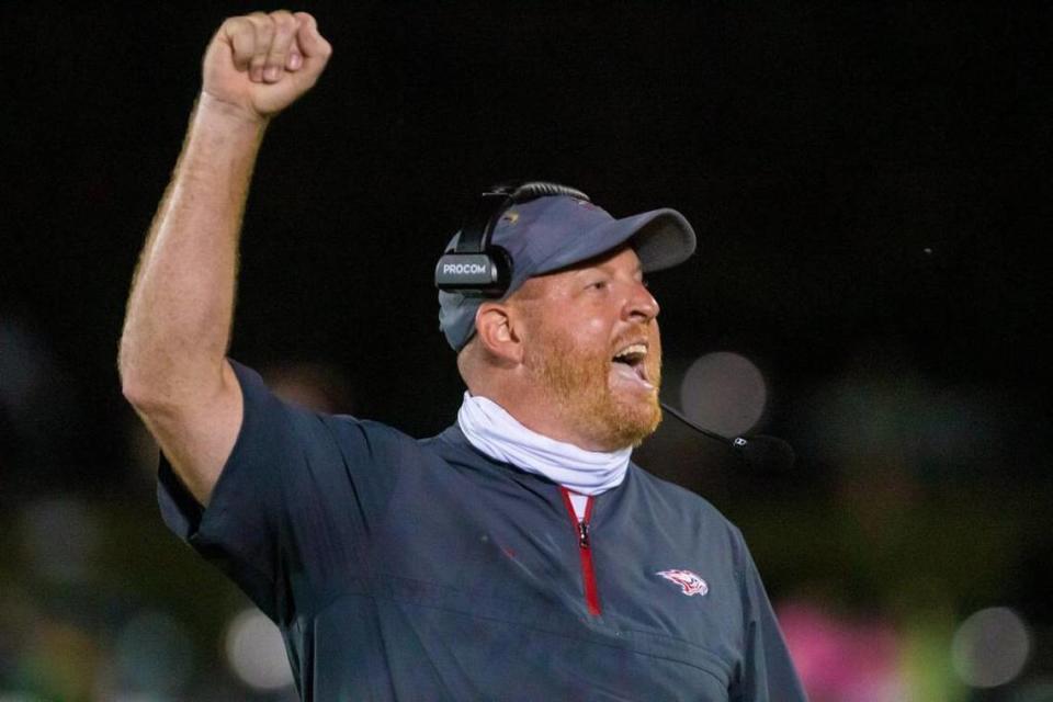 From 2020: Erik Kimrey directs the Hammond Skyhawks against the Ben Lippen Falcons during the opening game of the season.