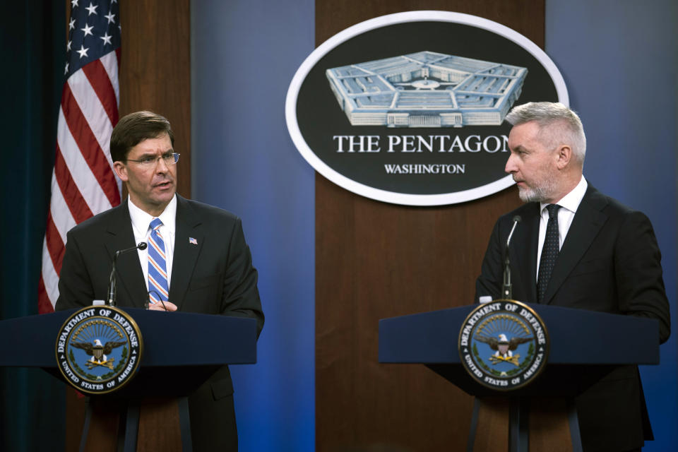 Secretary of Defense Mark Esper, left, and Italian Minister of Defense Lorenzo Guerini take part in a joint press conference on Friday, Jan. 31, 2020, at the Pentagon in Washington. (AP Photo/Kevin Wolf)