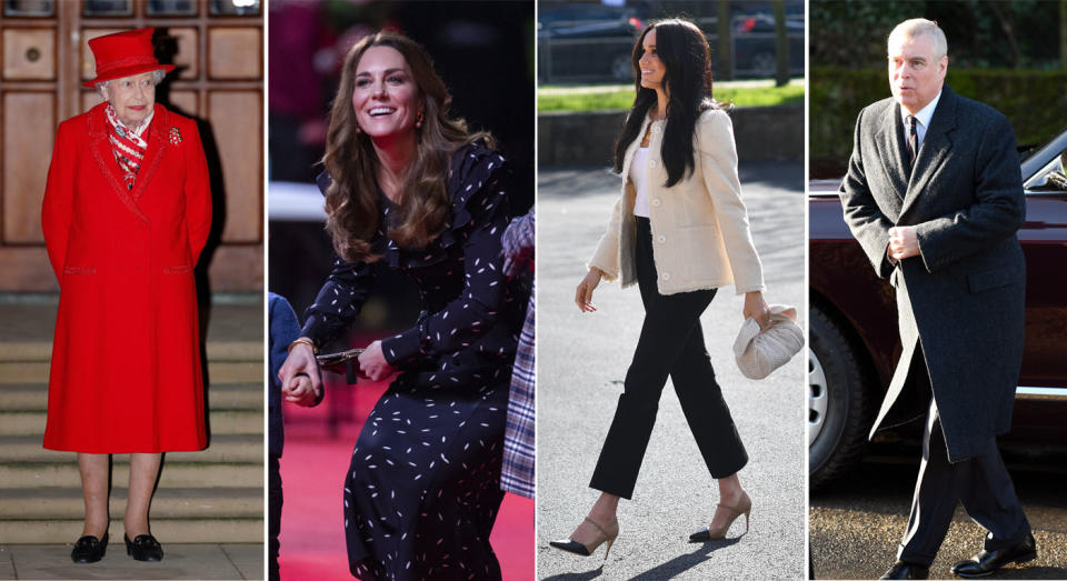 The Queen, Kate, Meghan and Prince Andrew. (Getty)