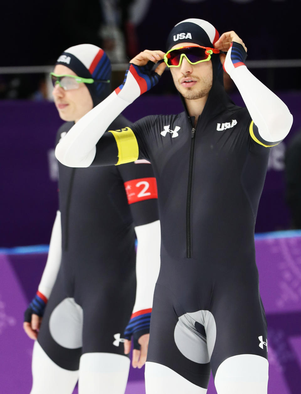<p>Emery Lehman and Jonathan Garcia of the United States warm up prior to the Men’s Team Pursuit Speed Skating Quarter Finals on day nine of the PyeongChang 2018 Winter Olympic Games at Gangneung Oval on February 18, 2018 in Gangneung, South Korea. (Photo by Jamie Squire/Getty Images) </p>