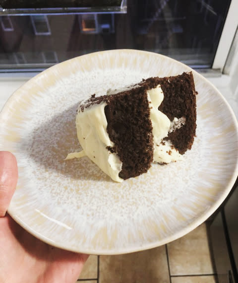 A box of instant pudding made this cake delightfully moist and spongy. Next time I'll remember not to frost the cake before it's cooled, though.  (Rheana Murray)