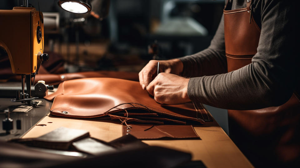 A skilled worker cutting and stitching leather for the company's high-end furnishings and fixtures.