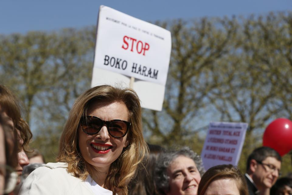 Former French first lady Valerie Trierweiler attends a gathering "Bring Back Our Girls" near the Eiffel Tower in Paris April 14, 2015 to mark one year since more than 200 schoolgirls were kidnapped in Chibok, north-eastern Nigeria, by Nigerian Islamist rebel group Boko Haram. (REUTERS/Gonzalo Fuentes)