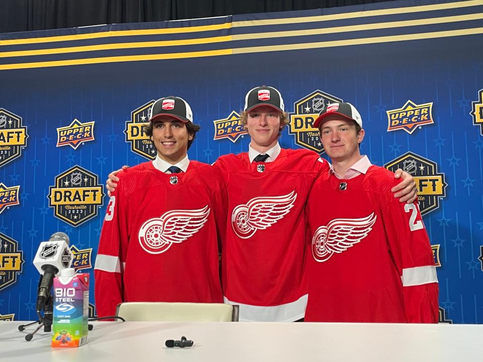 Detroit Red Wings draft picks Andrew Gibson, Brady Cleveland and Trey Augustine, June 29, 2023 in Nashville. Tenn.