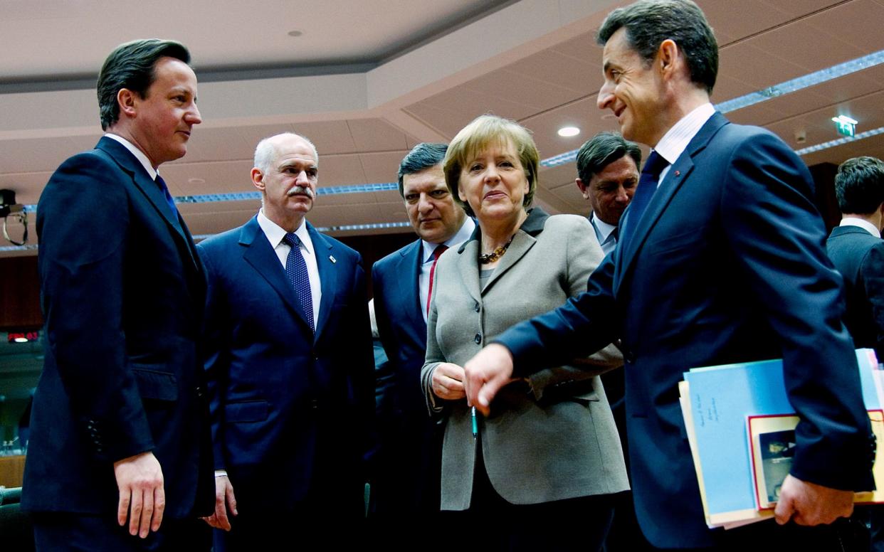 David Cameon, George Papandreou, Angela Merkel and Nicolas Sarkozy - WARNING: Use of this copyright image is subject to the terms of use of BBC Pictures' Digital Picture Service (BBC Pictures) as set out at www.bbcpictures.co.uk. In particular, this image may only be published by a registered User of BBC Pictures for editorial use for the purpose of publicising the relevant BBC programme, personnel or activity during the Publicity Period which ends three review weeks following the date of transmission and provided the BBC and the copyright holder in the caption are credited. For any other purpose whatsoever, including advertising and commercial, prior written approval from the copyright holder will be required.