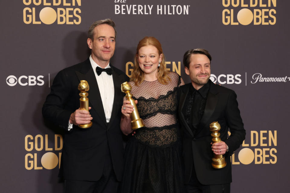 Matthew Macfadyen, Sarah Snook, and Kieran Culkin with their Golden Globes