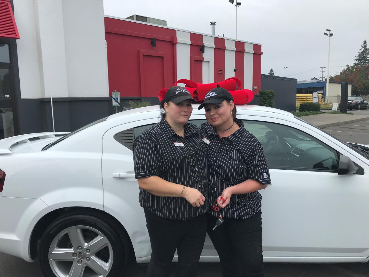 After walking to work for over a year, KFC gifted a car to single mom Crystal Lachance. (Credit: KFC Foundation)