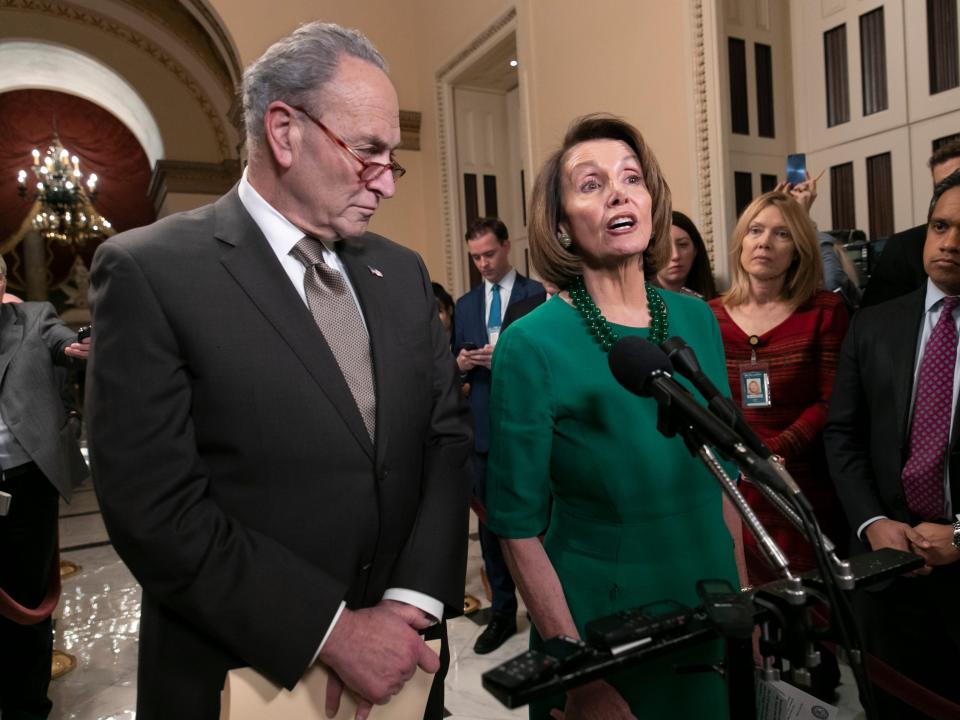 Senate Minority Leader Chuck Schumer, D-N.Y., and House Democratic Leader Nancy Pelosi of California, the speaker-designate for the new Congress, talk to reporters as a revised spending bill is introduced in the House that includes $5 billion demanded by President Donald Trump for a wall along the U.S.-Mexico border, as Congress tries to avert a partial shutdown, in Washington, Thursday, Dec. 20, 2018. (AP Photo/J. Scott Applewhite)