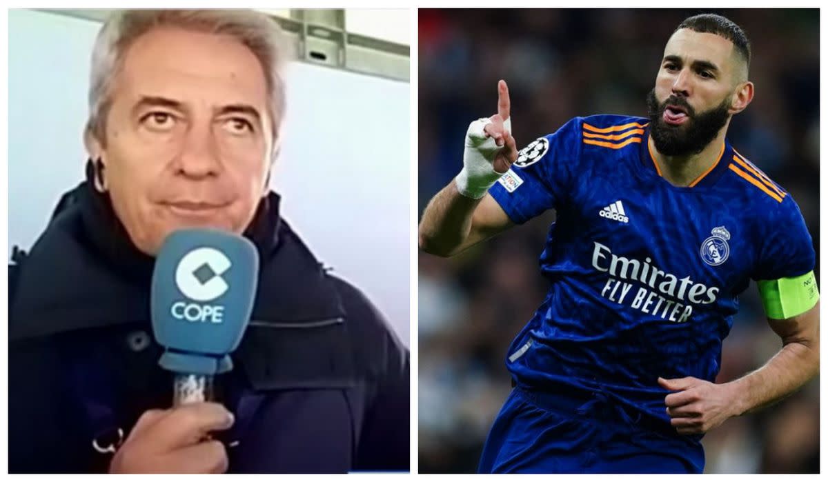 Manolo Lama deja una serie de palabras sorprendentes en COPE tras la panenka de Benzema. Fuentes: YouTube/Tiempo de Juego COPE y Mike Egerton/PA Images vía Getty Images.