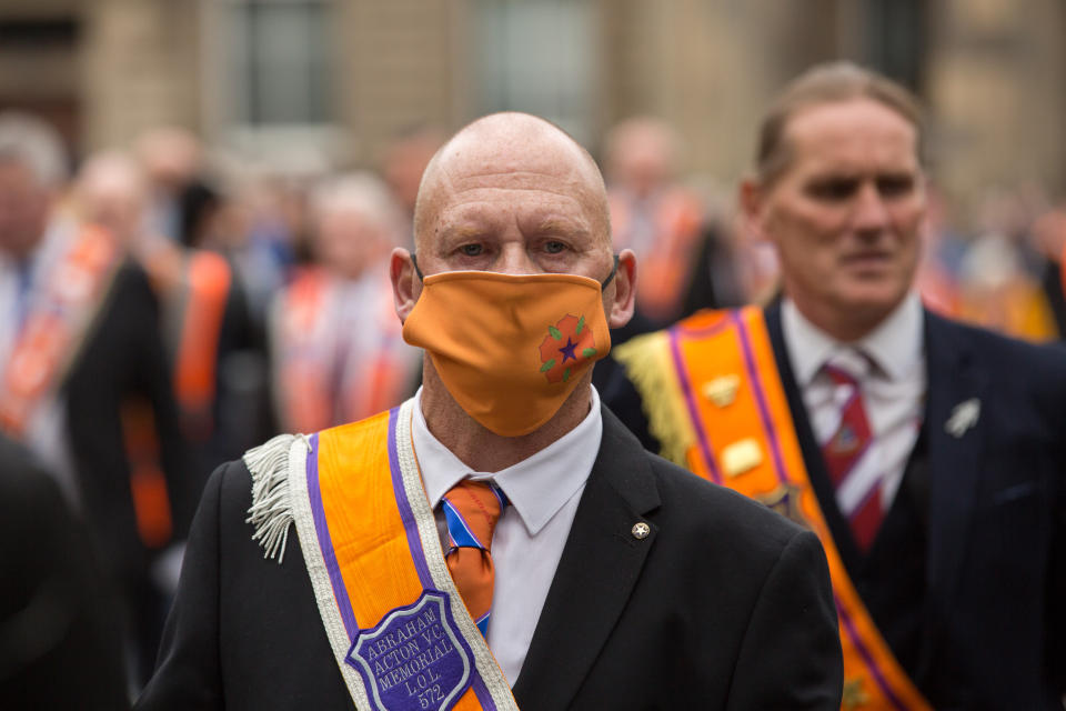 <p>Members of the County Grand Orange Lodge take part in the annual Orange walk parade through the city centre of Glasgow. Over 5,000 members are expected to take part in over 30 marches across the city, last years marches were unable to take place due to coronavirus restrictions relating to the size of outdoor gatherings. Picture date: Saturday September 18, 2021. (Photo by Robert Perry/PA Images via Getty Images)</p>
