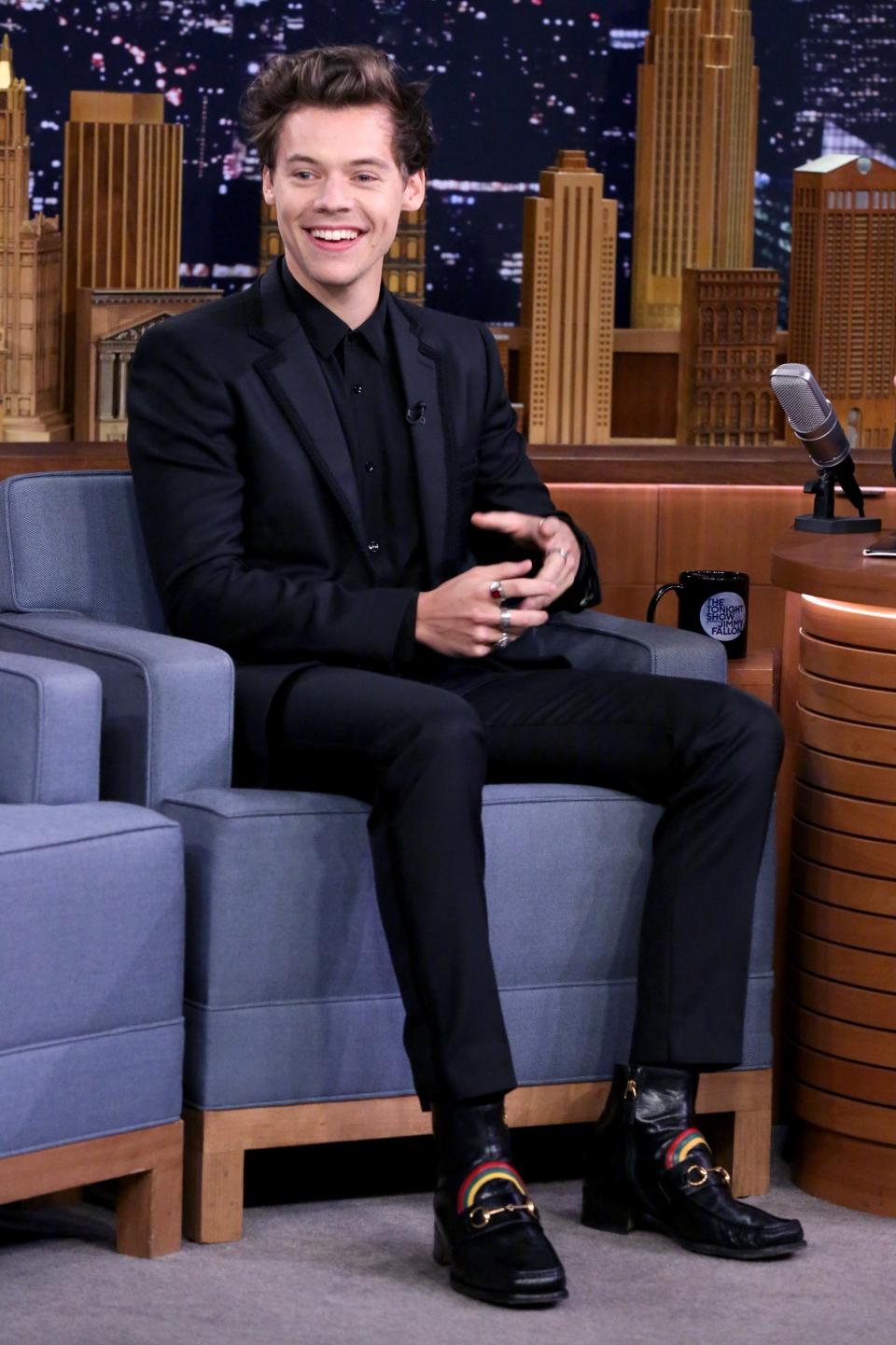 Wearing Gucci while appearing on The Tonight Show Starring Jimmy Fallon in New York City.