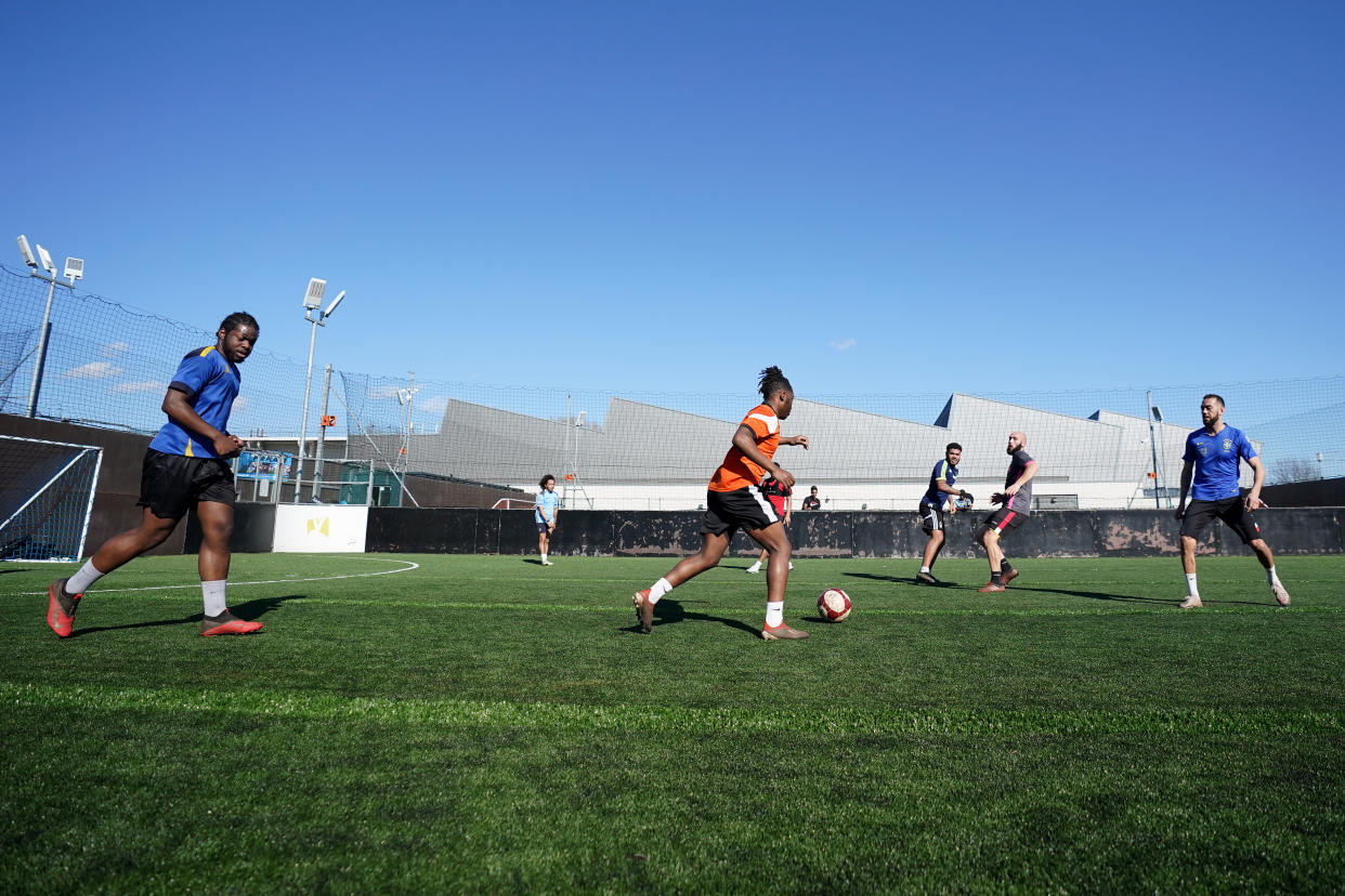 Players in action at Astro Kings 5-a-side football venue in Bilborough, Nottingham, following the easing of England's lockdown to allow far greater freedom outdoors. Picture date: Monday March 29, 2021.