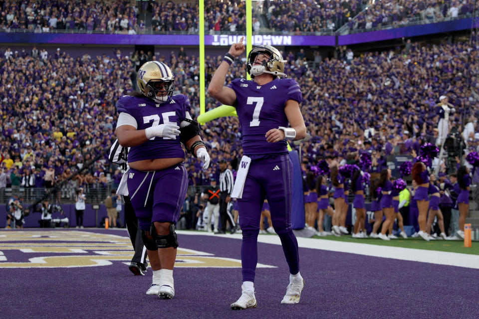 SEATTLE, WASHINGTON – OCTOBER 05: Will Rogers #7 of the Washington Huskies celebrates a touchdown during the first quarter against the Michigan Wolverines at Husky Stadium on October 5, 2024 in Seattle, Washington. (Photo by Steph Chambers/Getty Images)