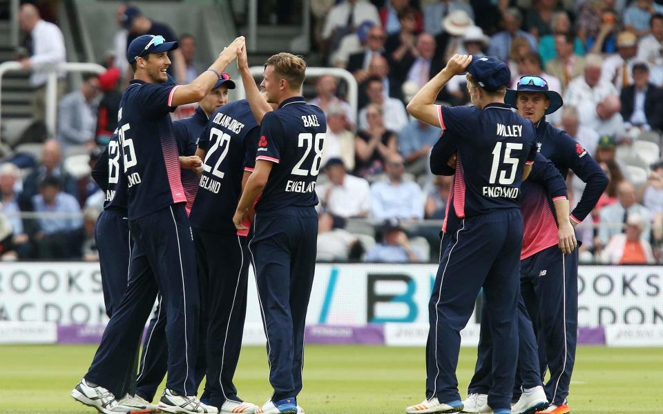 Jake Ball celebrates his wicket - Credit: Rex