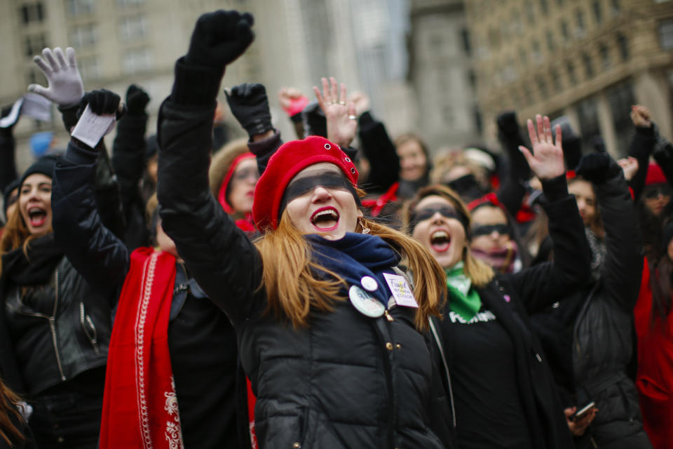 Women take part in a rally before the Women's Women's March on Saturday, Jan. 18, 2020 in New York. Hundred showed up in New York City and thousands in Washington, D.C. for the rallies, which aim to harness the political power of women, although crowds were noticeably smaller than in previous years. Marches were scheduled Saturday in more than 180 cities. (AP Photo/Eduardo Munoz Alvarez)