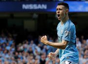 Soccer Football - Premier League - Manchester City v Tottenham Hotspur - Etihad Stadium, Manchester, Britain - April 20, 2019 Manchester City's Phil Foden celebrates scoring their first goal REUTERS/Phil Noble