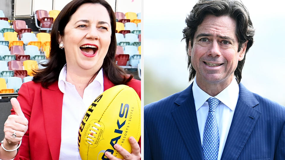 A 50-50 split image shows Queensland premier Annastacia Palaszczuk on the left and AFL boss Gillon McLachlan on the right.