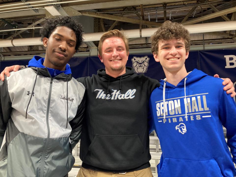 Members of Seton Hall's student section who drove 700 miles to be at Hinkle Fieldhouse for the NIT final.